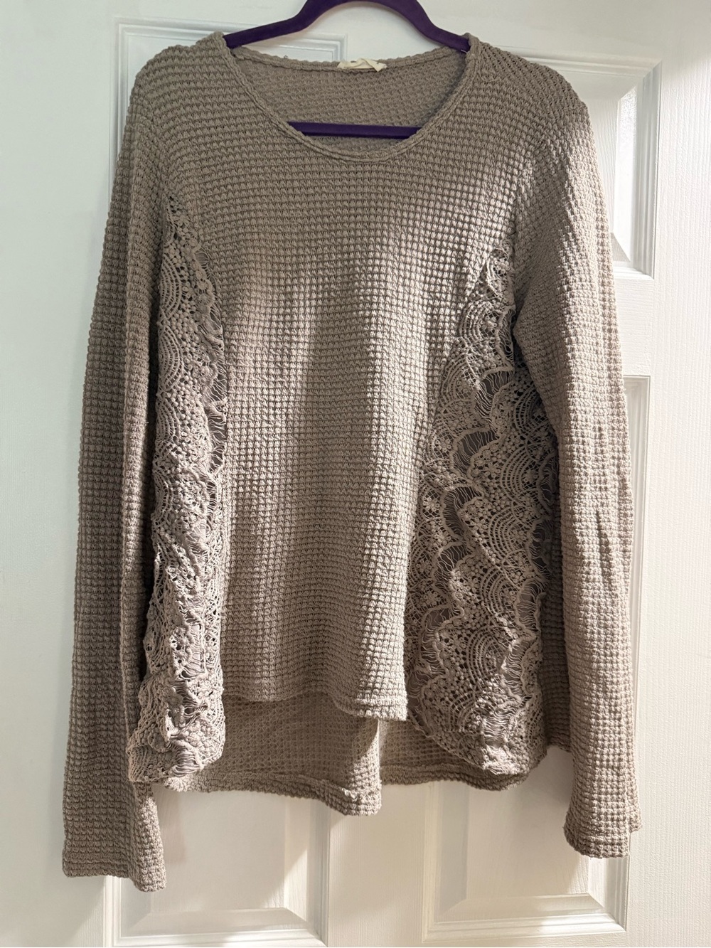 Women's Taupe Waffle Knit Sweater with Crochet Side Panels